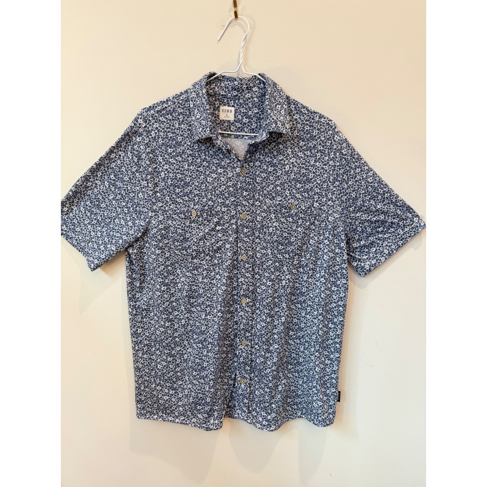 ROWN Men's Medium Blue Floral Short Sleeve Button Down Shirt Stretch